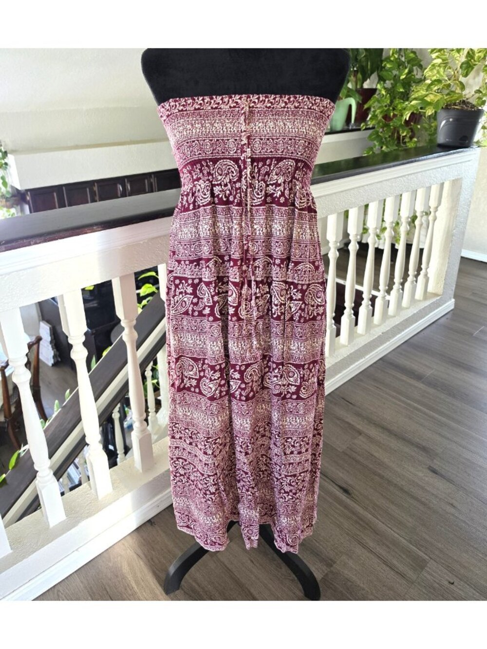 Tropiko Burgundy/Cream Paisley Strapless Smocked Stretch Maxi Dress SMALL